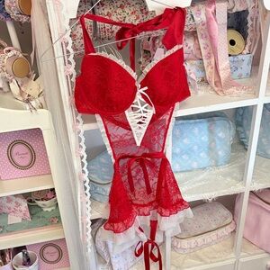 Victoria's Secret Red and White Lace Chemise